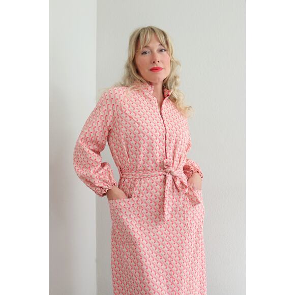 1970's Vintage Geometric Coral Day Dress ~ Women's SM MD  Belted Polyester 70's - Picture 3 of 8